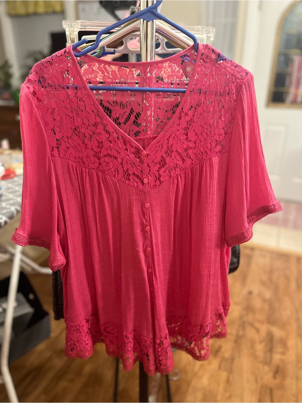 Cato Brand 18/20 -  Lace-Trim Button Front Top - Hot Pink